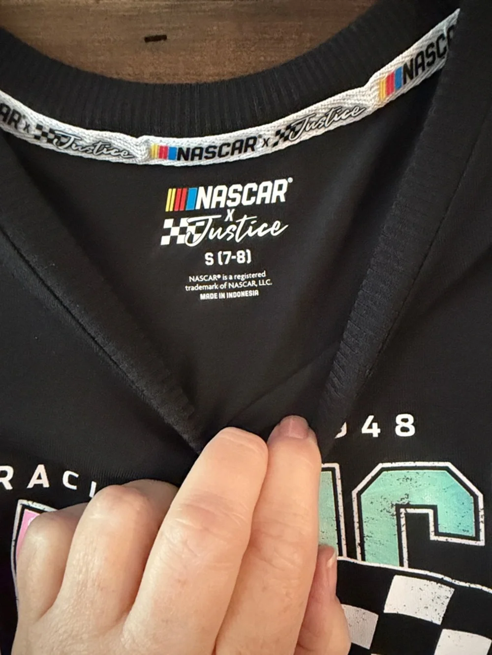 Justice Black NASCAR Graphic Tee with Pastel Pink Mint Yellow Blue